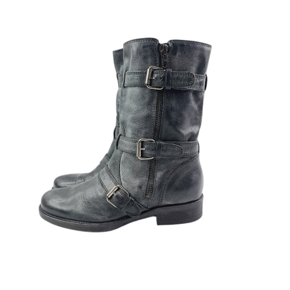 J Crew Women's Black Miller Triple Buckle Belted Leather Ankle Moto Boot Size 6